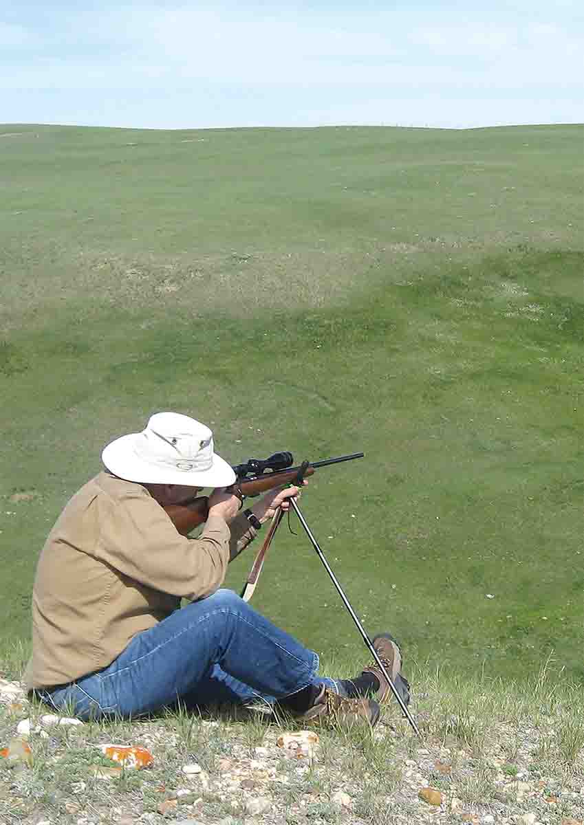 Shooting ground squirrels in cattle pastures often takes place at longer ranges. This hillside isn’t as far away as it looks in the photo but is still barely in range for Bob Jeffery’s .17 Mach 2.